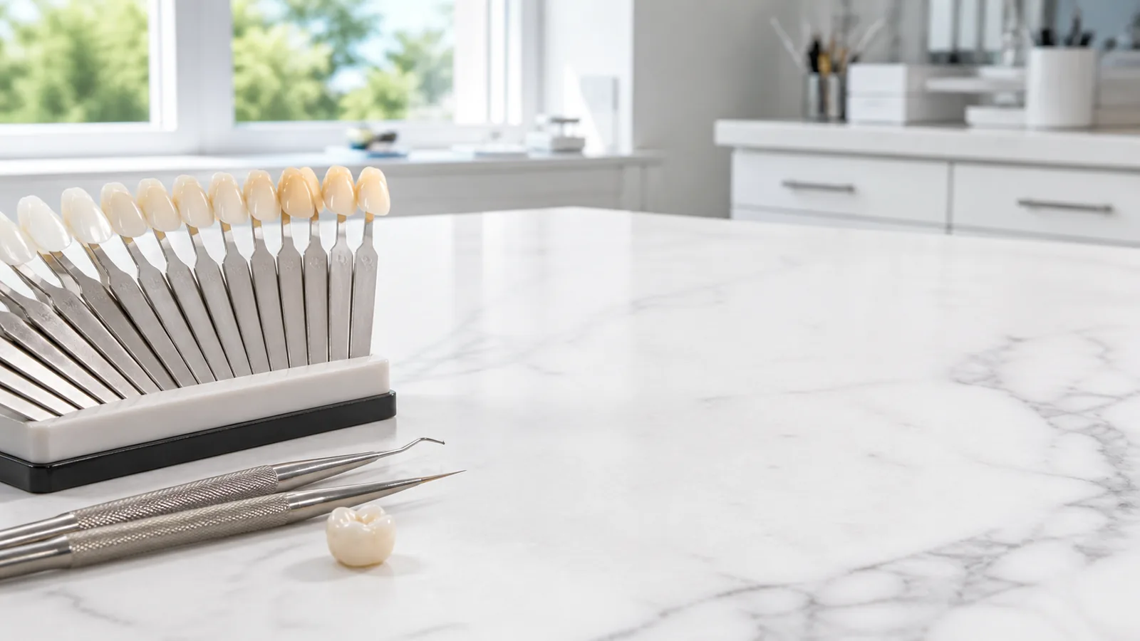 Tooth shade guide, dental instruments and ceramic crown on a marble countertop