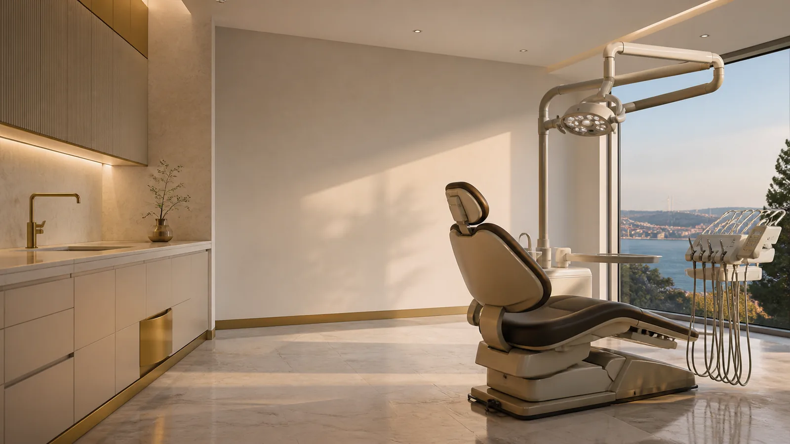 Modern dental treatment room with chair, overhead lamp and waterfront view through large windows