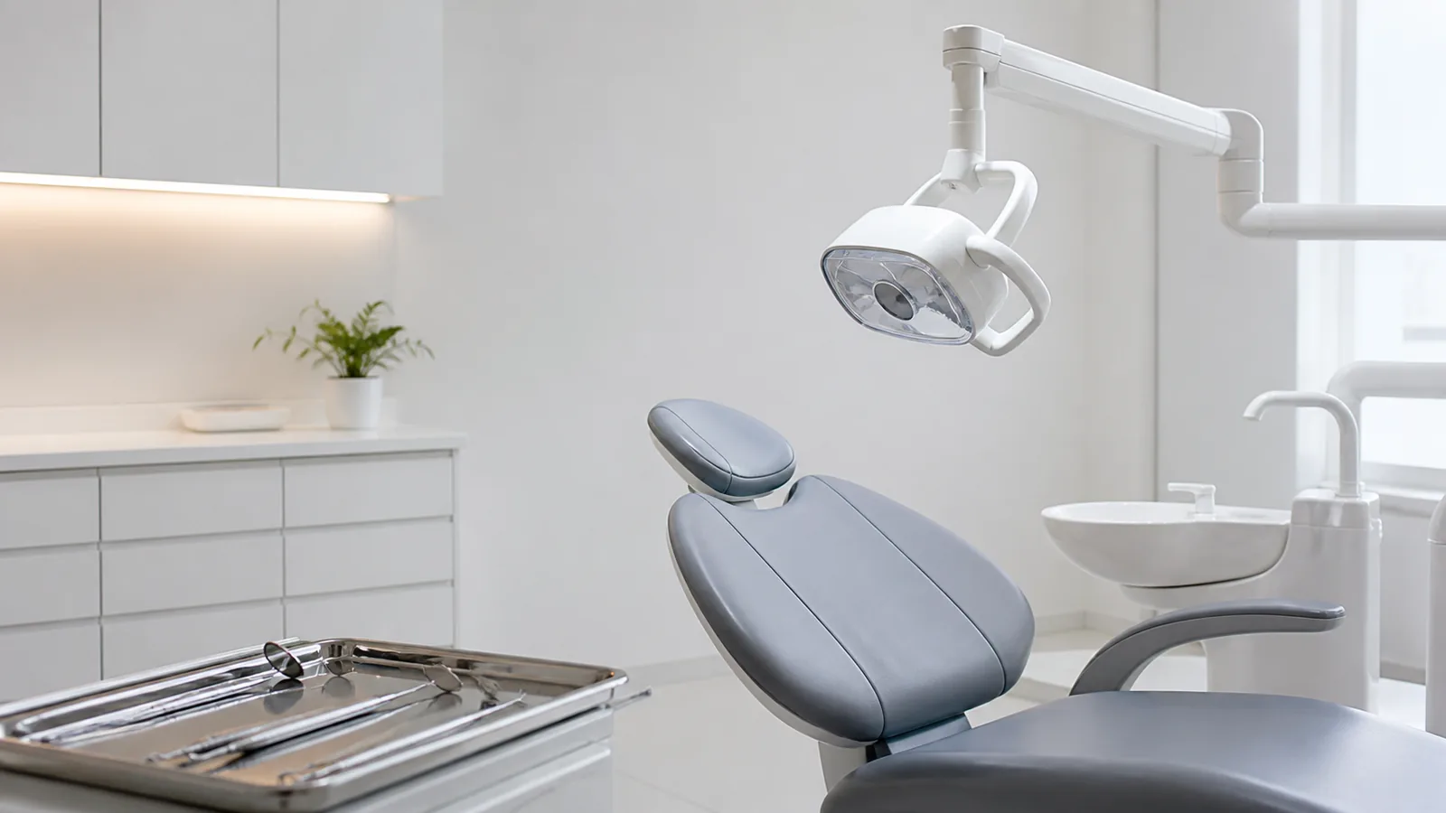 Gray dental chair beneath an examination lamp beside instruments, sink and cabinetry